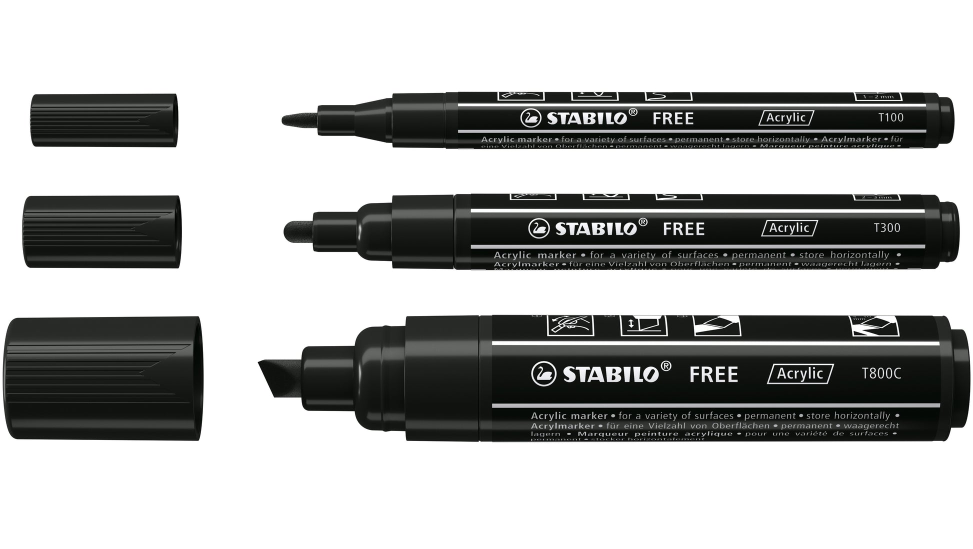 STABILO FREE Acrylmarker – Spitze 3 mm – Schwarz – 3er-Set – für Glas