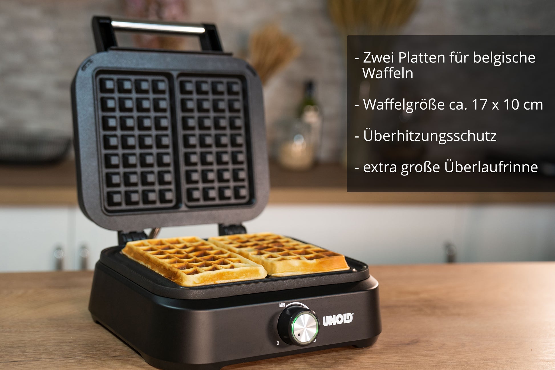 Unold Belgisches Waffeleisen Brüssel 48275 – 2 Waffeln, rechteckig, 1500 W, teflonbeschichtet – schwarz