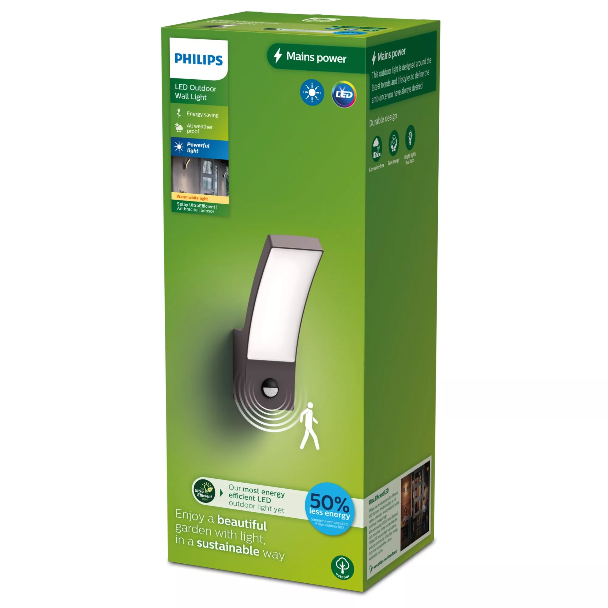Philips by Signify Philips Aussenwandleuchte – Warmweiss, 2700 K, IP44, Netzbetrieb, mit Bewegungsmelder, Anthrazit, Aluminium