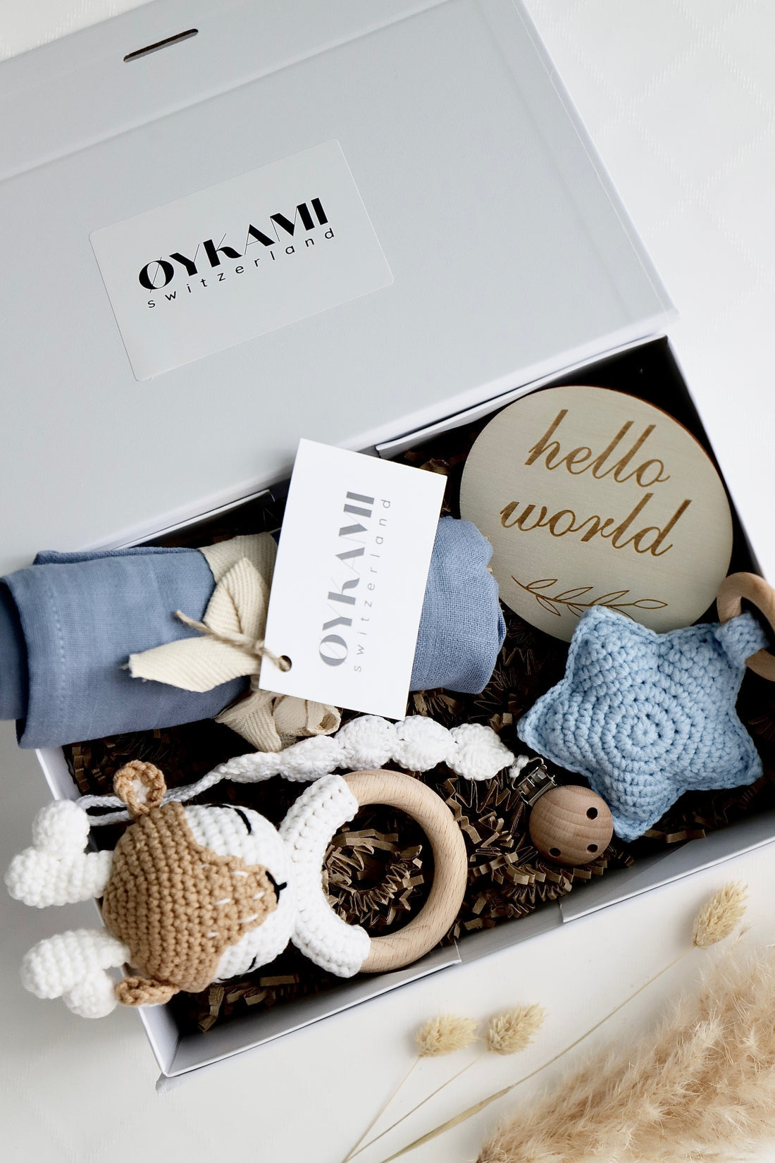 OYKAMI Geschenkbox – Organische Baumwolle, Holz – Blau, Weiss