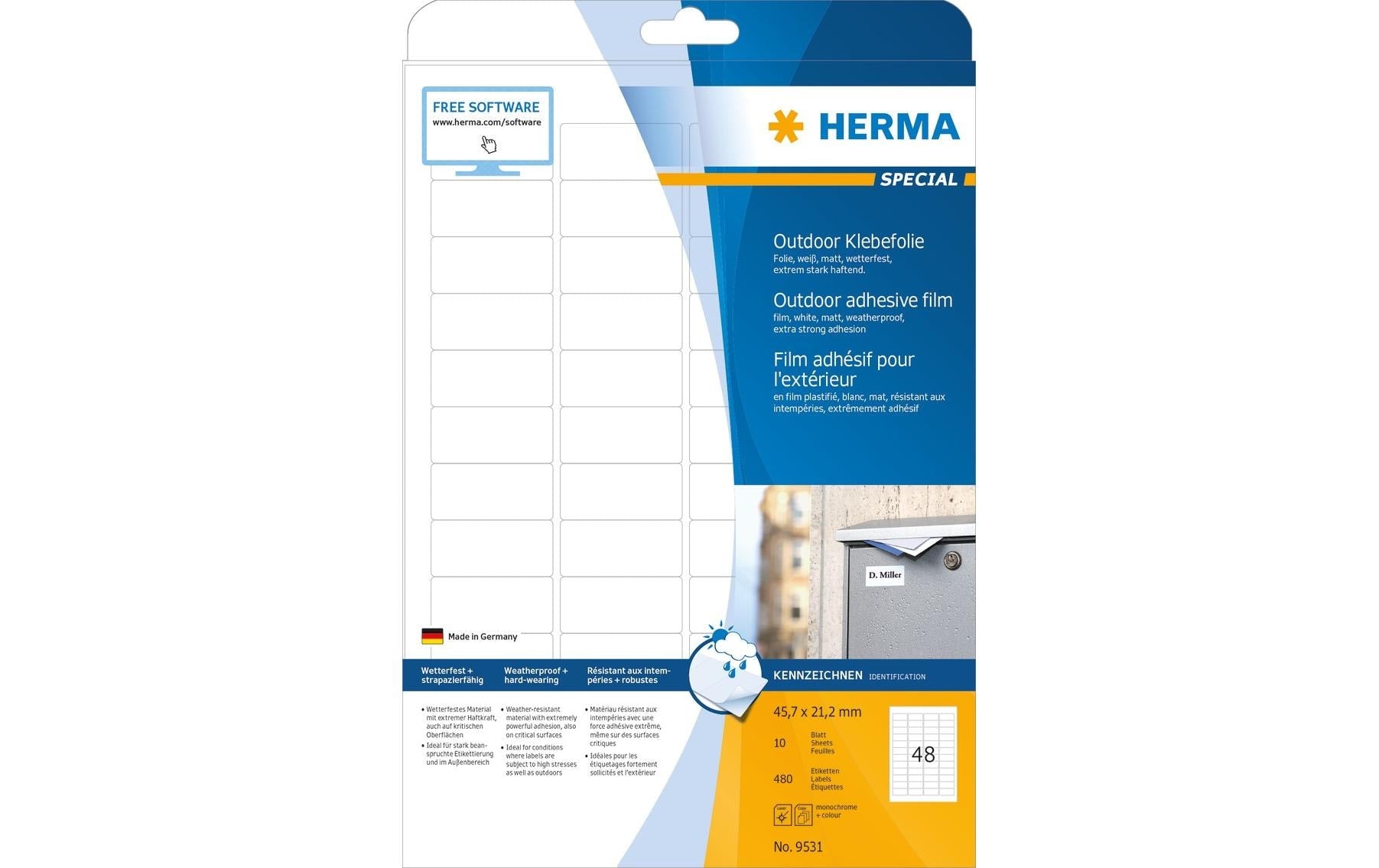 HERMA Druckeretiketten, 46 mm × 21 mm, weiss, Folie, extra stark, 480 Etiketten (10 Blatt)