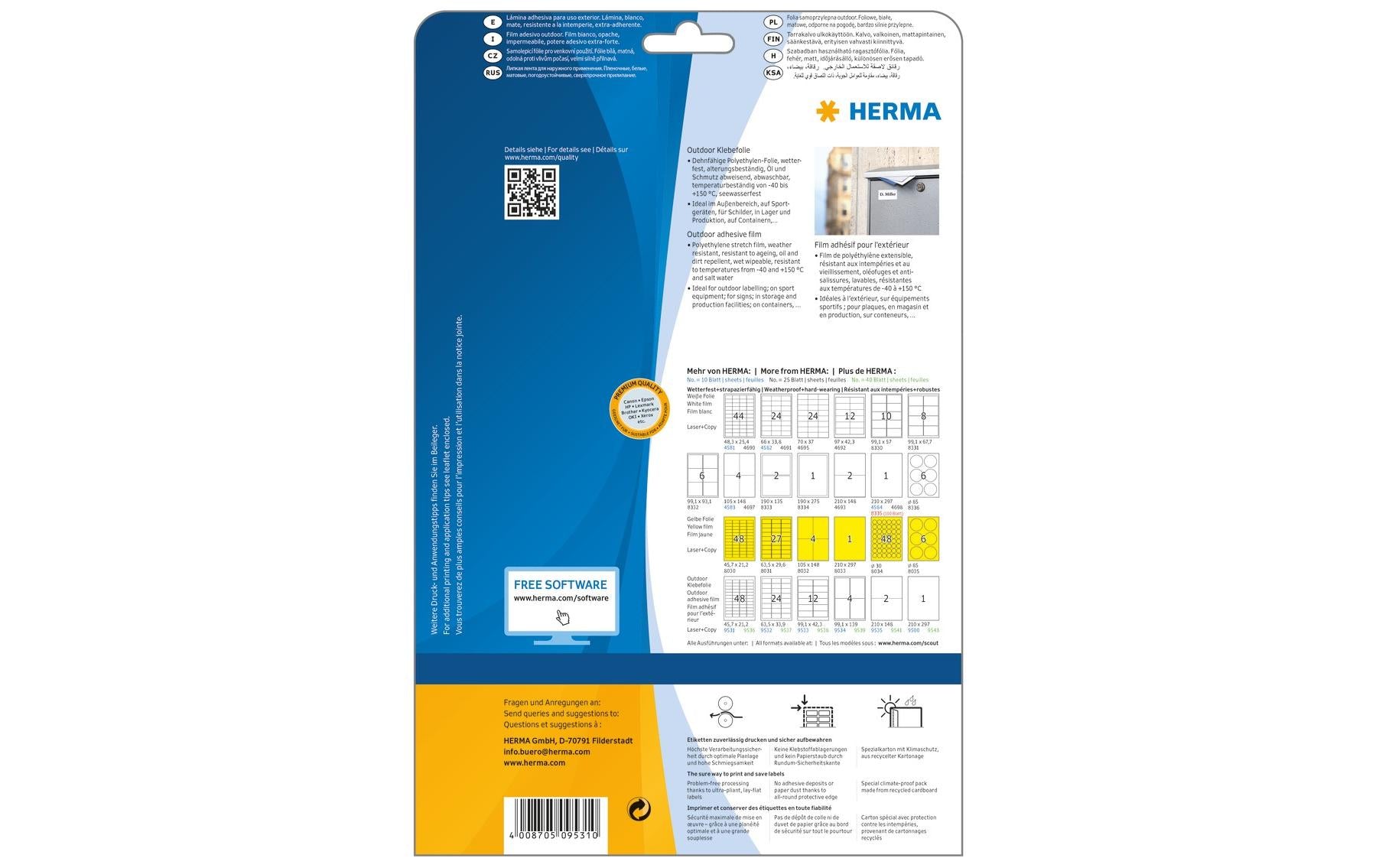 HERMA Druckeretiketten, 46 mm × 21 mm, weiss, Folie, extra stark, 480 Etiketten (10 Blatt)