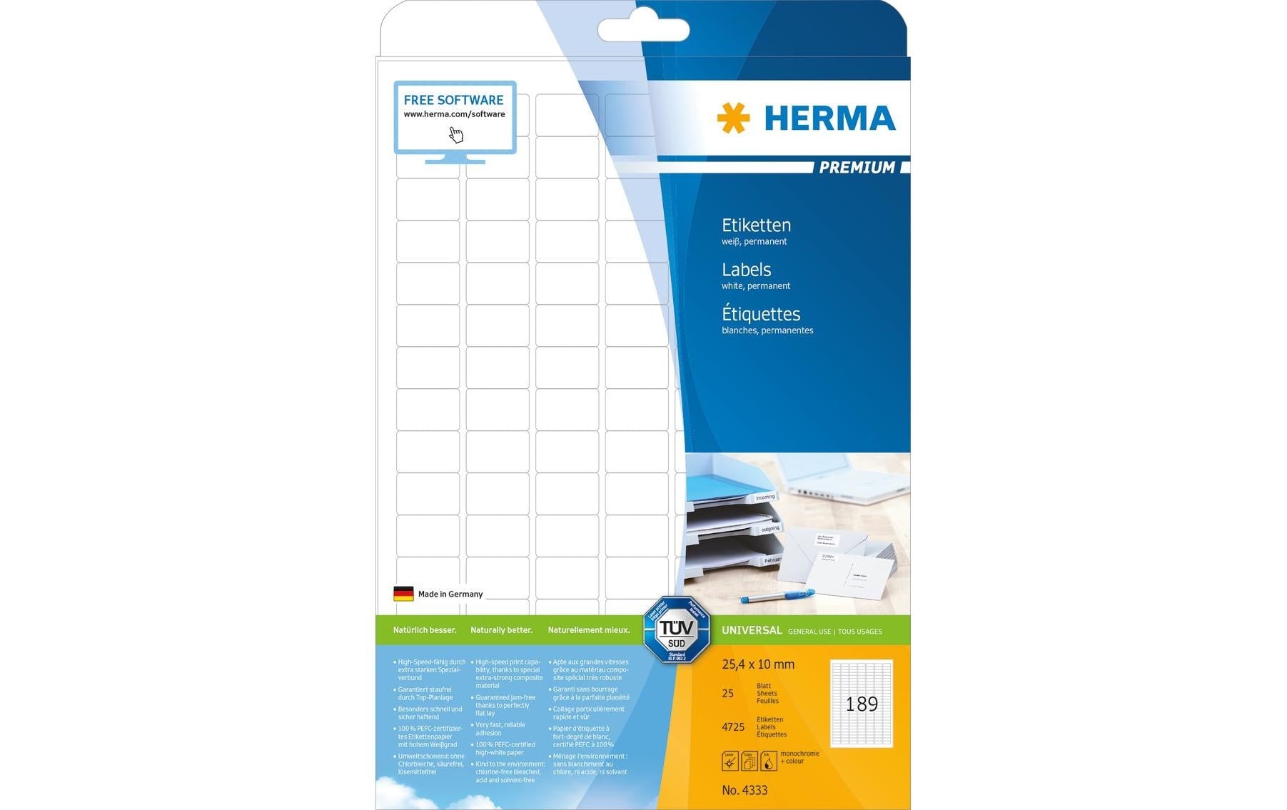 HERMA Druckeretiketten, 25 mm × 10 mm, weiss, Papier, permanent, 25 Blätter (4'725 Etiketten)
