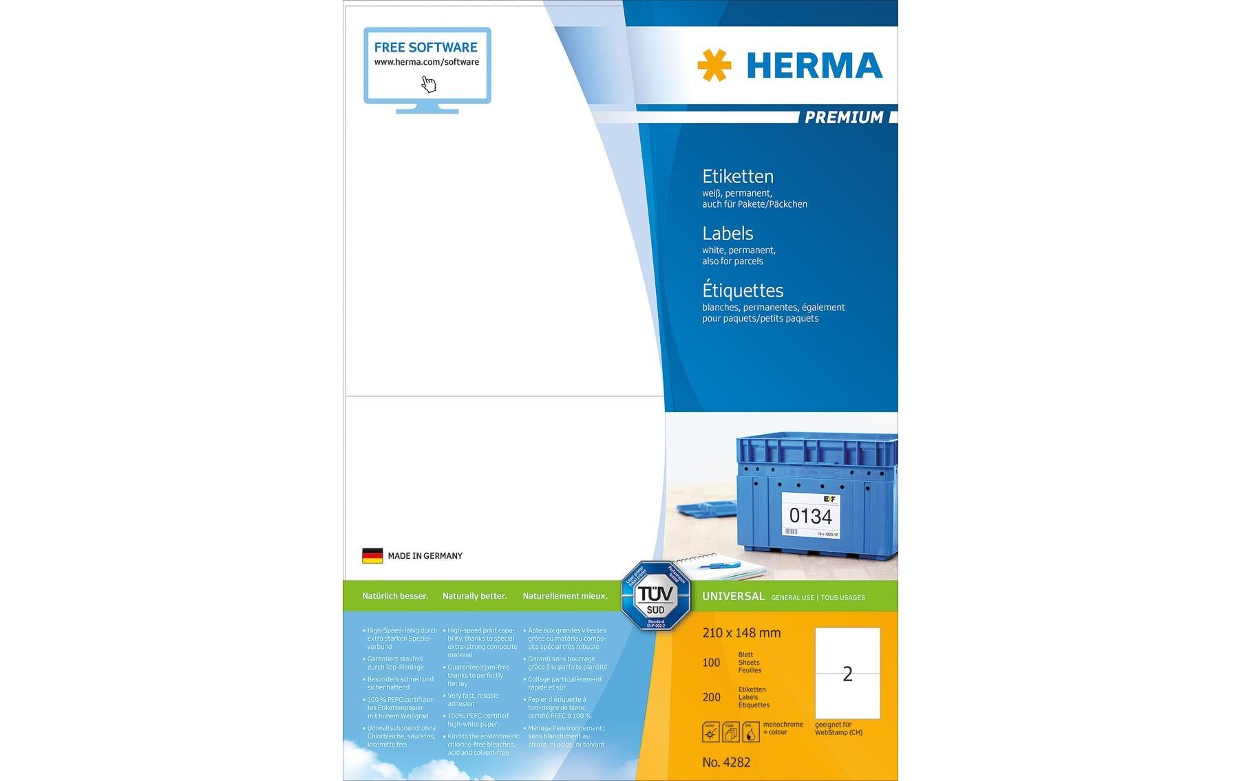 HERMA Druckeretiketten, 210 mm × 148 mm, weiss, Papier, permanent, 100 Blatt (200 Etiketten)