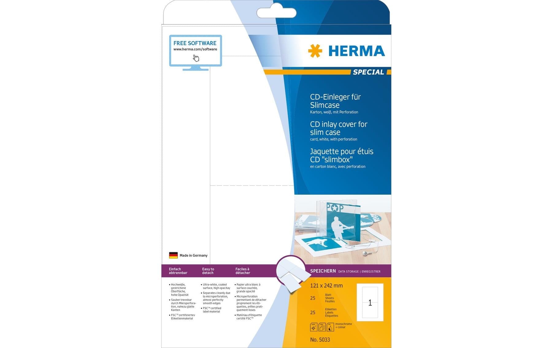 HERMA Druckkarten A4 (121 × 242 mm), 170 g/m², weiss, Karton – für Inkjet, Laser, Kopierer – 25 Karten