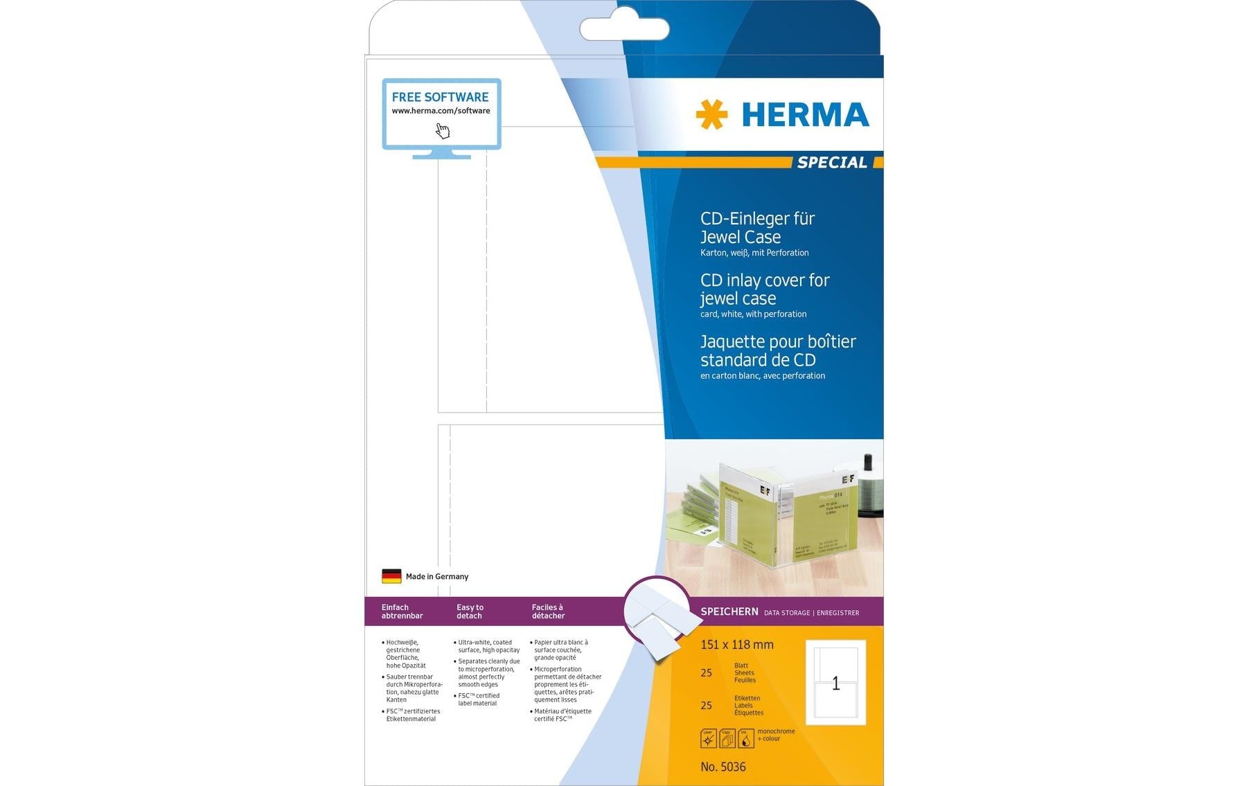 HERMA Druckkarten A4 (151 × 118 mm), 170 g/m², weiss, Karton – für Inkjet, Laser, Kopierer – 25 Karten