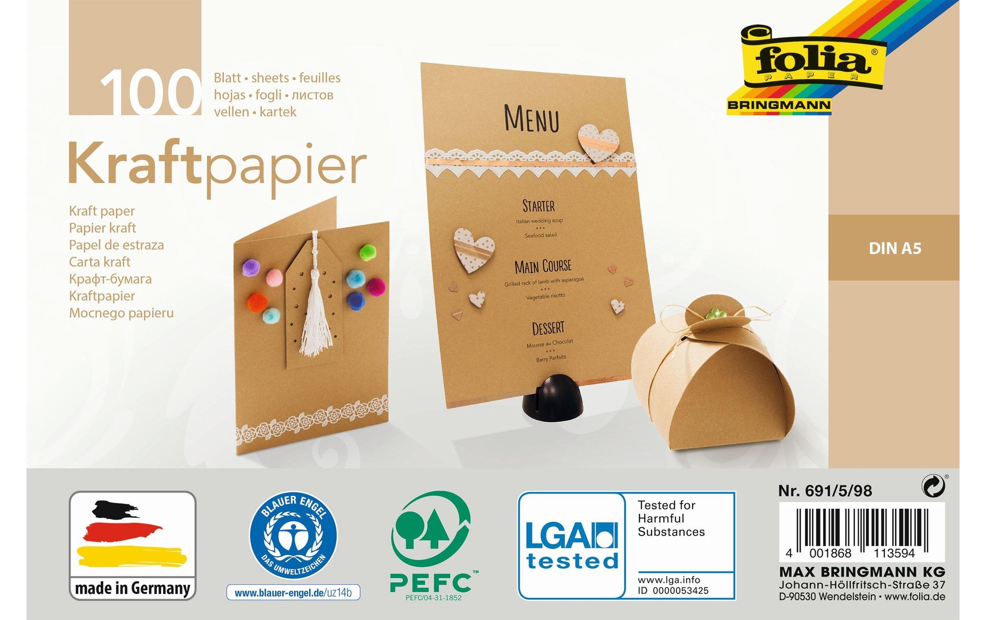 Folia Kraftpapier – Mehrfarbig – A5, 100 Bogen