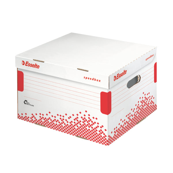 Esselte Speedbox Archivschachtel B 364 × H 263 × T 433 mm – mit Klappdeckel, Automatikboden, weiss/rot