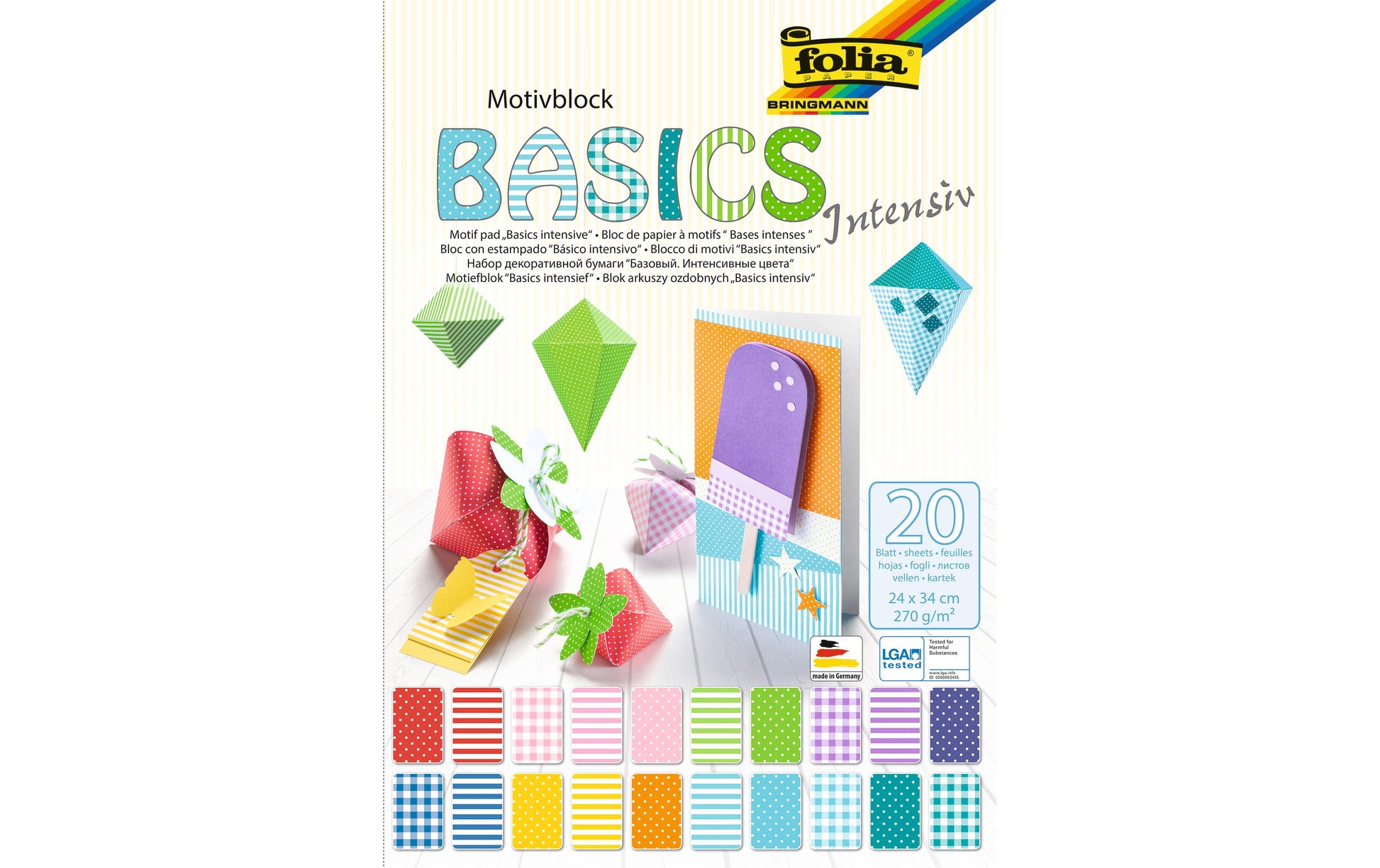 Folia Motivkartonblock, Basics intensiv – 240 × 340 mm – 270 g/m² – sortiert – 20 Blatt