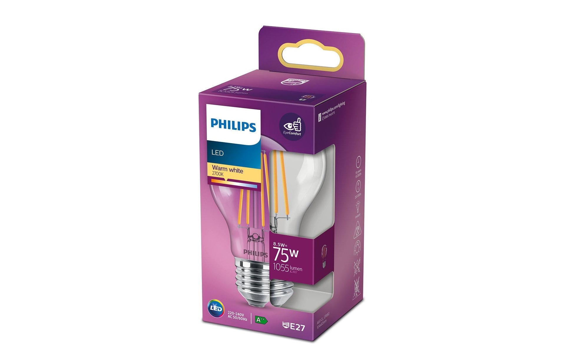Philips by Signify Philips LED-Leuchtmittel E27 A60 – Warmweiss 2700 K, 1055 lm, 8,5 W – IP20 – 1 Stk. – Transparent, Glas