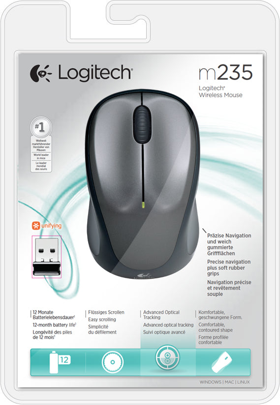 Logitech M235 Mobile Maus – kabellos, Bluetooth + 2,4 GHz, grau