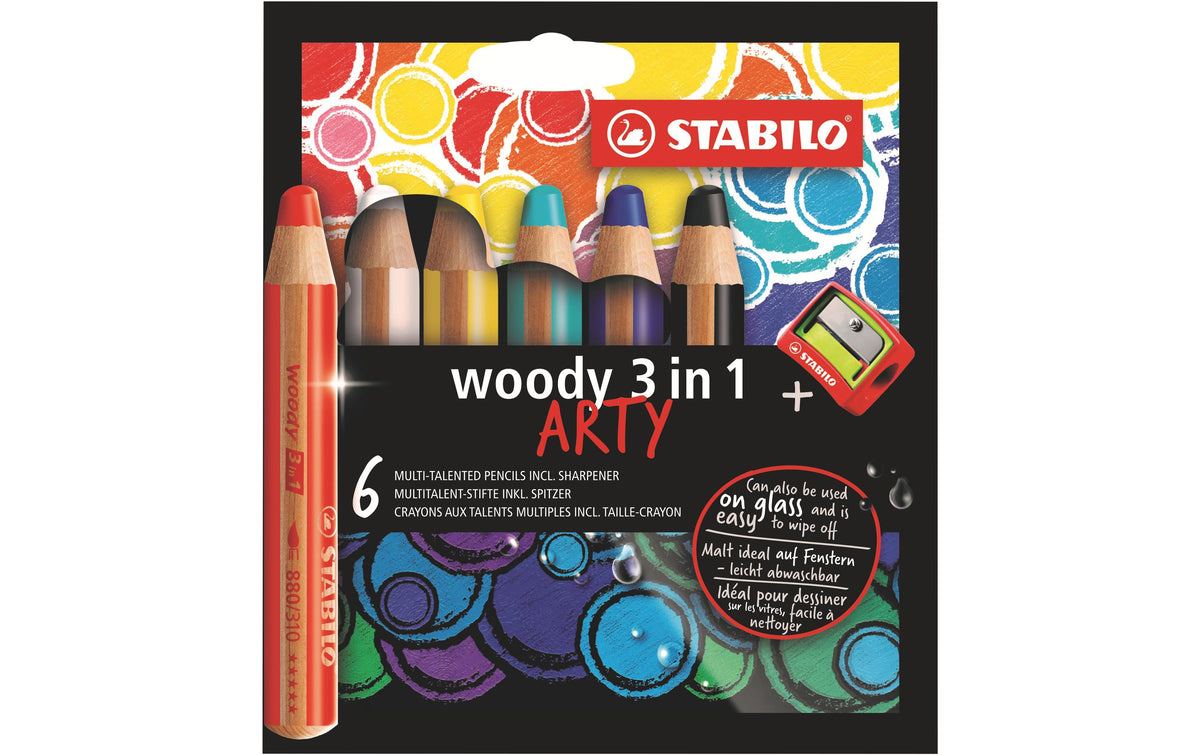 STABILO Buntstifte woody 3 in 1 ARTY – 3-in-1, rund, Minendurchmesser 10 mm, 6 Farben, im Kartonetui, mit Spitzer