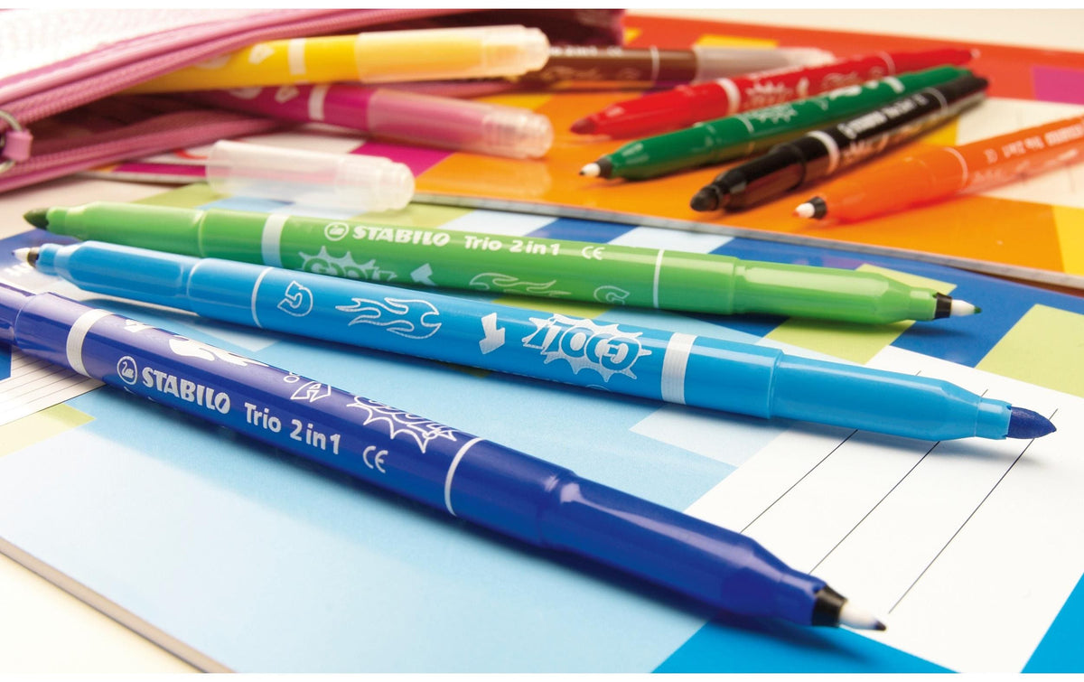 STABILO Trio 2 in 1 Filzstift, Doppelspitze – Kombi (fein + mittel), 0,5–2 mm, auswaschbar, 10 Farben