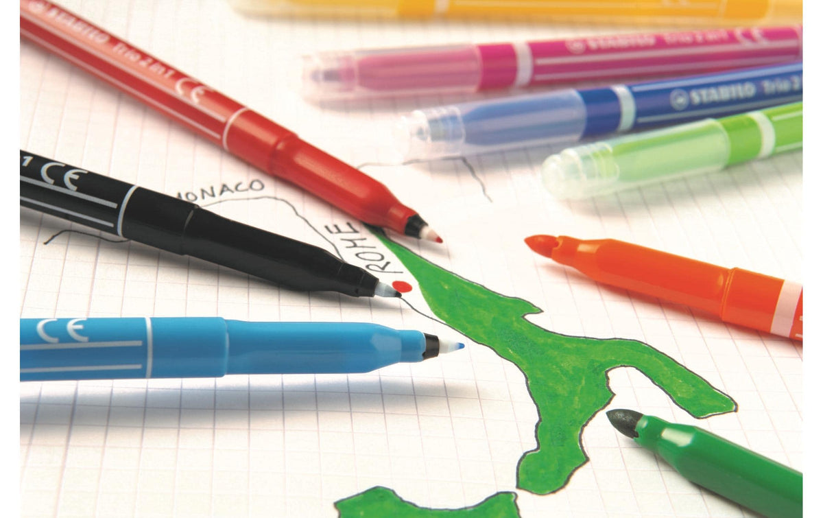STABILO Trio 2 in 1 Filzstift, Doppelspitze – Kombi (fein + mittel), 0,5–2 mm, auswaschbar, 10 Farben
