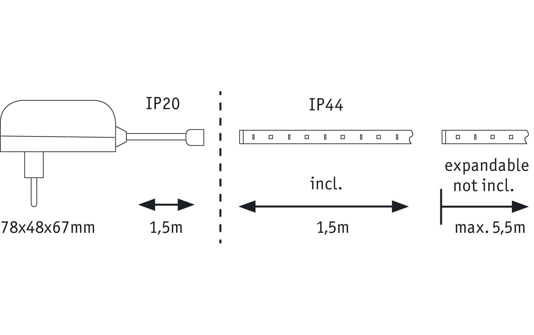 Paulmann LED-Strip MaxLED 250 Basisset – 1,5 m, 450 lm, 6 W, 2700 K, dimmbar, IP44, weiss, inkl. Netzteil