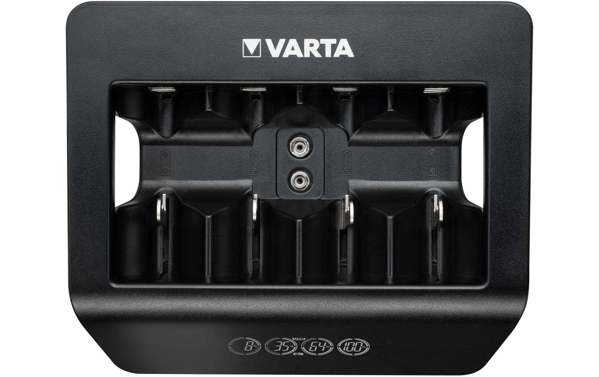 Varta Universal Charger+ Batterieladegerät 4× – für NiMH (9V, AA, AAA u. a.) – LCD – USB-A×1 (5 V/1 A)