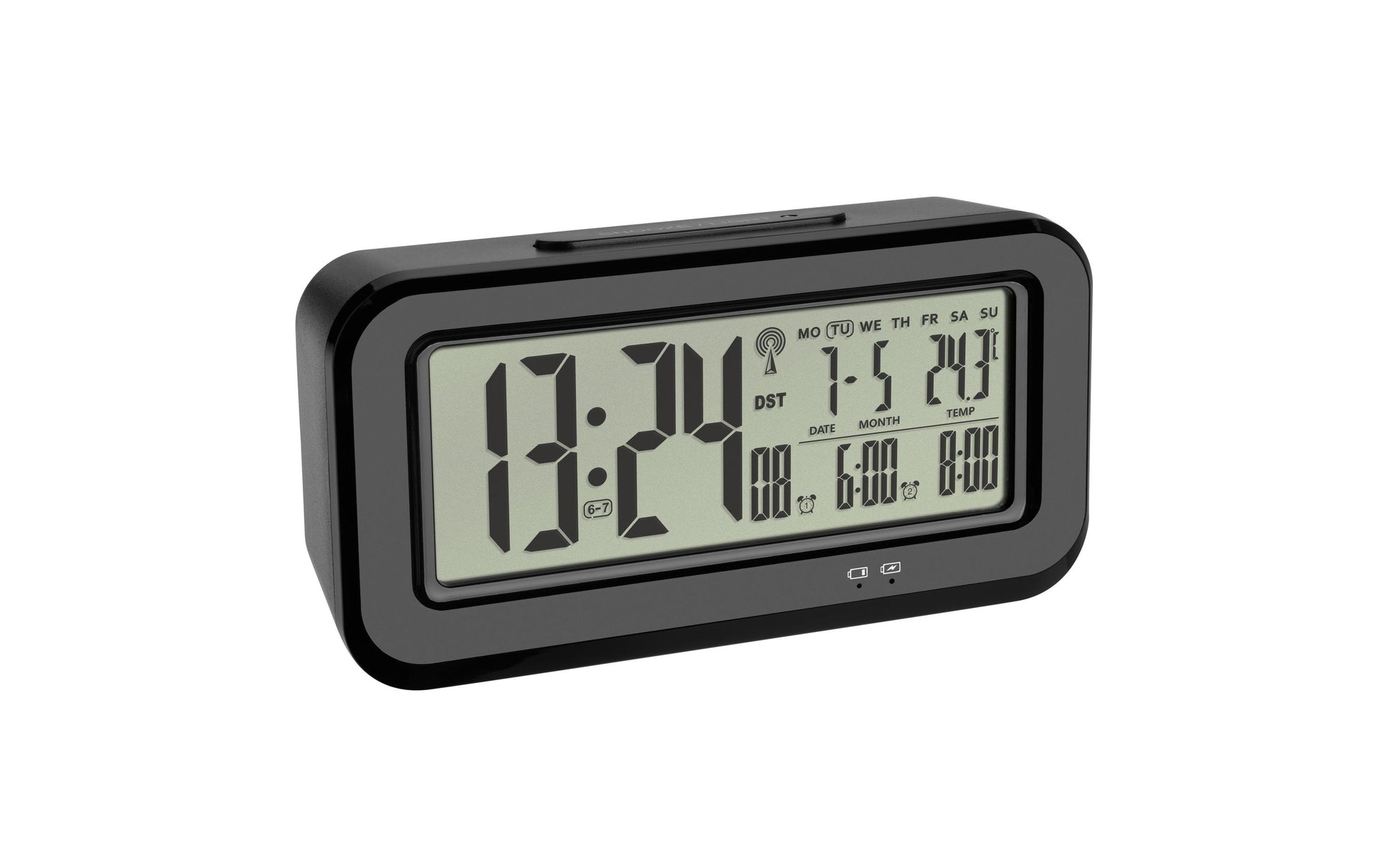 TFA-Dostmann TFA Dostmann BOXX Digitalwecker – Funk, Snooze, Thermometer, USB, 14,2 × 7,3 × 4,5 cm, Schwarz