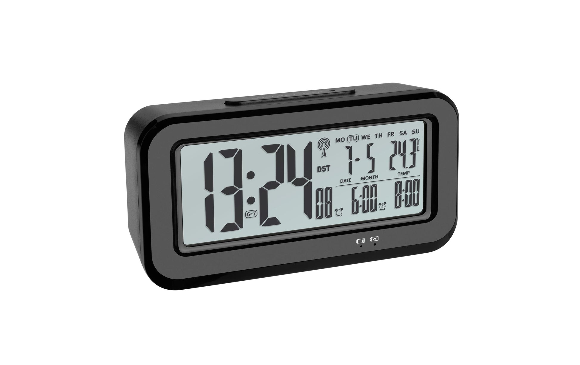 TFA-Dostmann TFA Dostmann BOXX Digitalwecker – Funk, Snooze, Thermometer, USB, 14,2 × 7,3 × 4,5 cm, Schwarz