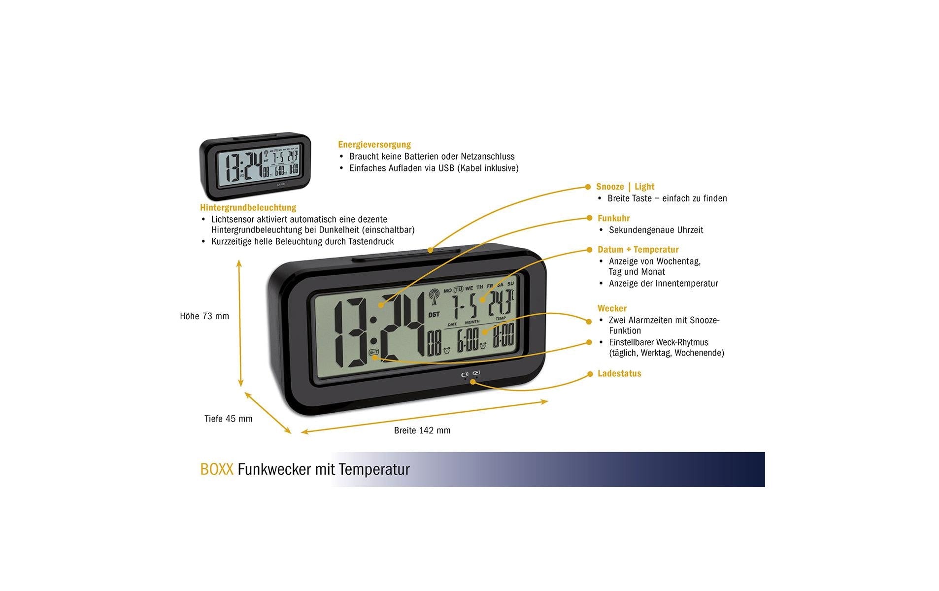 TFA-Dostmann TFA Dostmann BOXX Digitalwecker – Funk, Snooze, Thermometer, USB, 14,2 × 7,3 × 4,5 cm, Schwarz