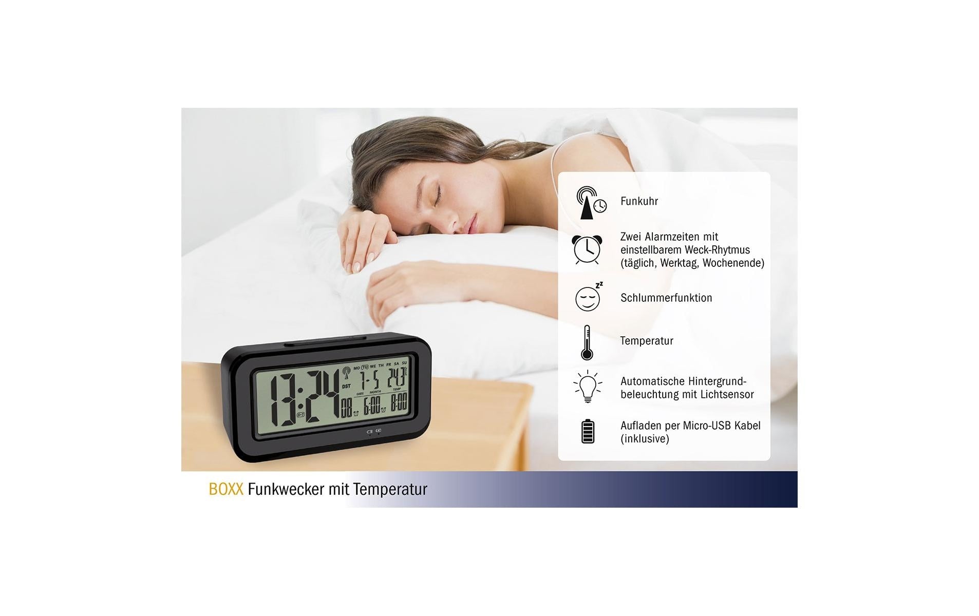 TFA-Dostmann TFA Dostmann BOXX Digitalwecker – Funk, Snooze, Thermometer, USB, 14,2 × 7,3 × 4,5 cm, Schwarz