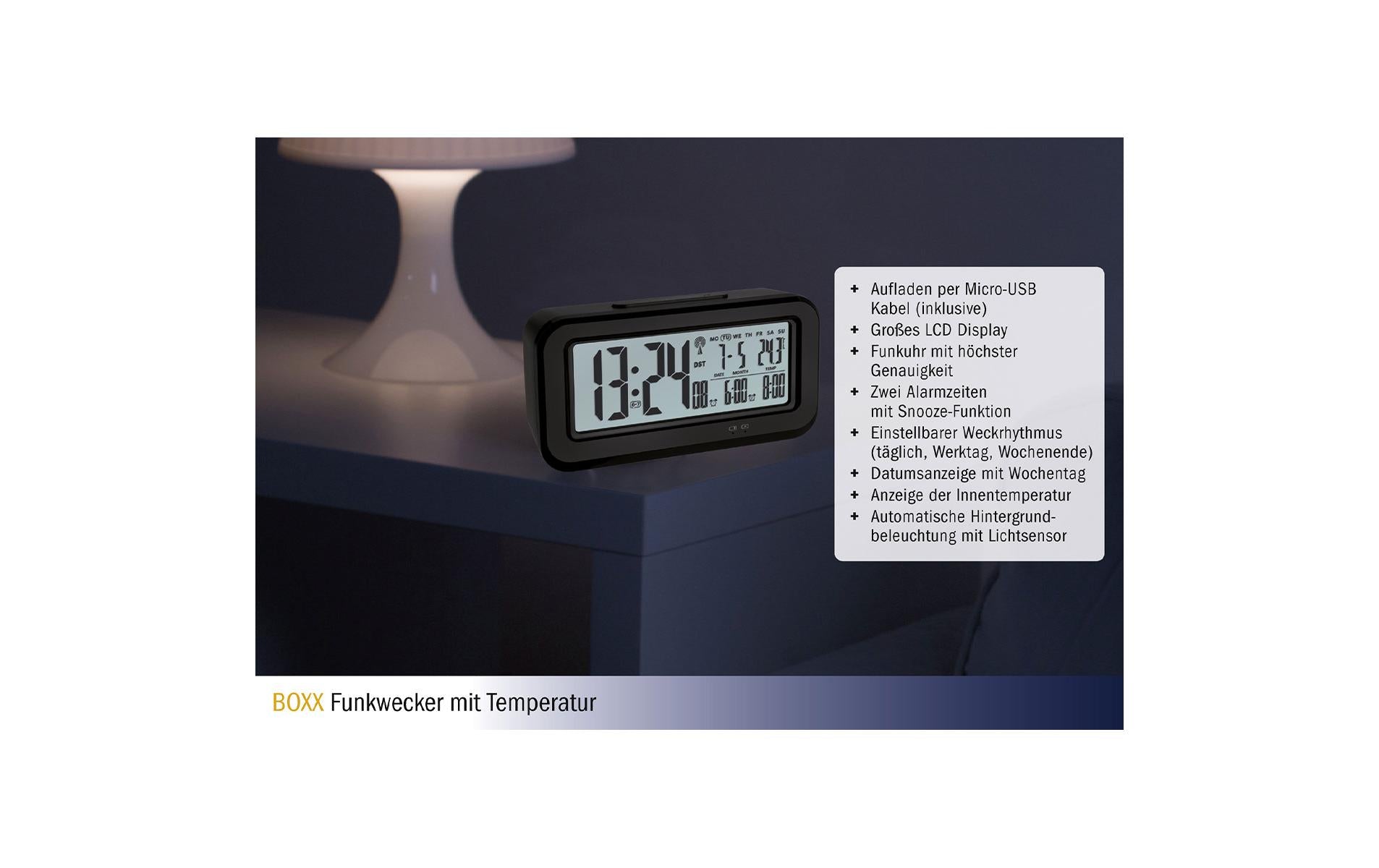 TFA-Dostmann TFA Dostmann BOXX Digitalwecker – Funk, Snooze, Thermometer, USB, 14,2 × 7,3 × 4,5 cm, Schwarz
