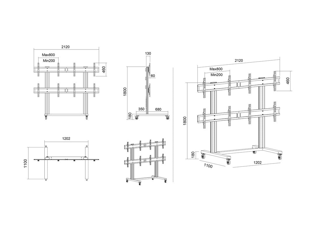 Multibrackets M Public – Videowand-Stand, für 4 Displays, höhenverstellbar, VESA 200×200, bis 160 kg, für 40"