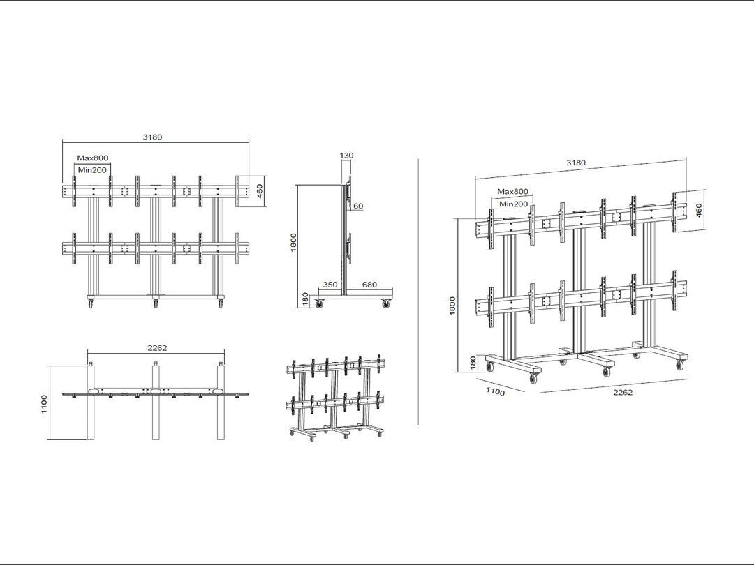Multibrackets M Public – Videowand-Stand, für 6 Displays, höhenverstellbar, VESA 400×400, bis 240 kg, für 47"