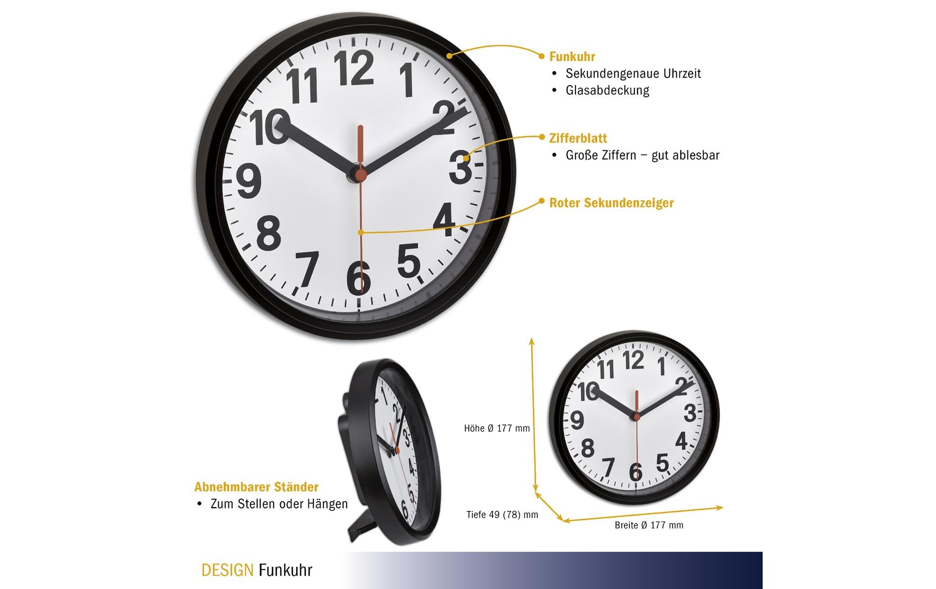 TFA-Dostmann TFA Dostmann Wanduhr – Funk, analog, Ø 17,7 cm, schwarz/weiss, Glas
