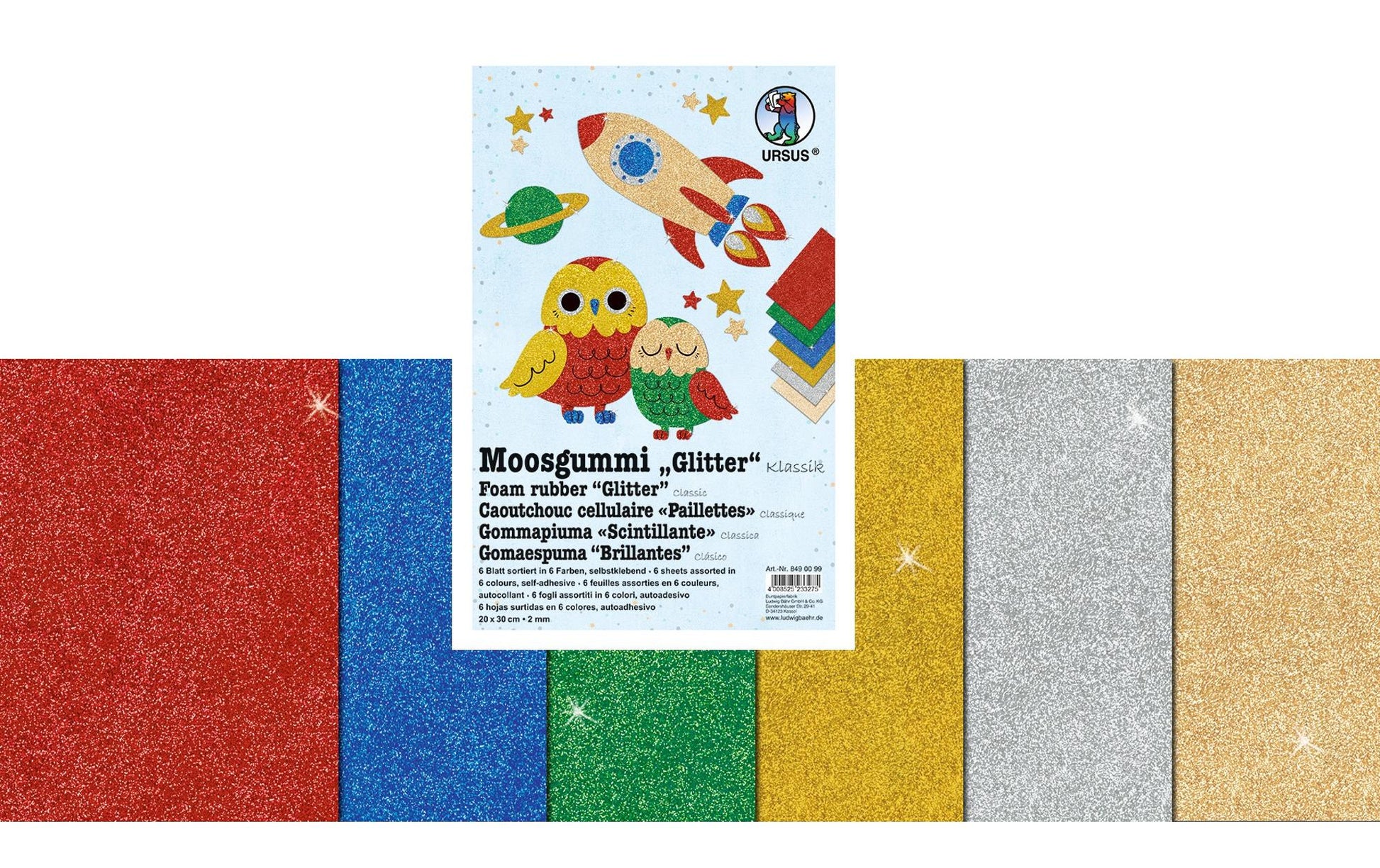 URSUS Schaumstoffplatte (EVA-Schaum), selbstklebend, mehrfarbig, Glitzer, 20 × 30 cm, 2 mm