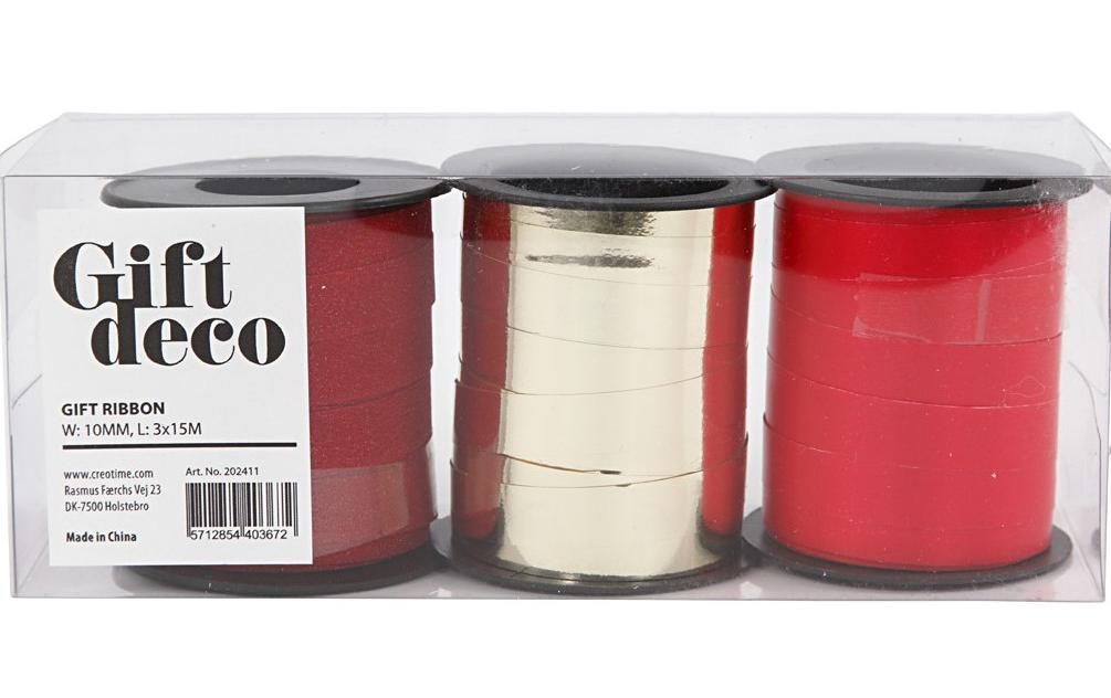 Creativ Company Geschenkband, Kräuselband, glitzernd, Gold/Rot, 10 mm × 15 m, 3 Stk.