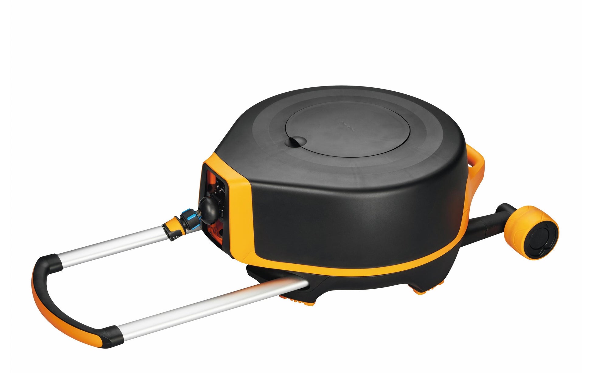 Fiskars Schlauchtrommel 27 m – mit Rädern, 360° drehbar, schwarz/orange, B 600 × H 270 × T 500 mm
