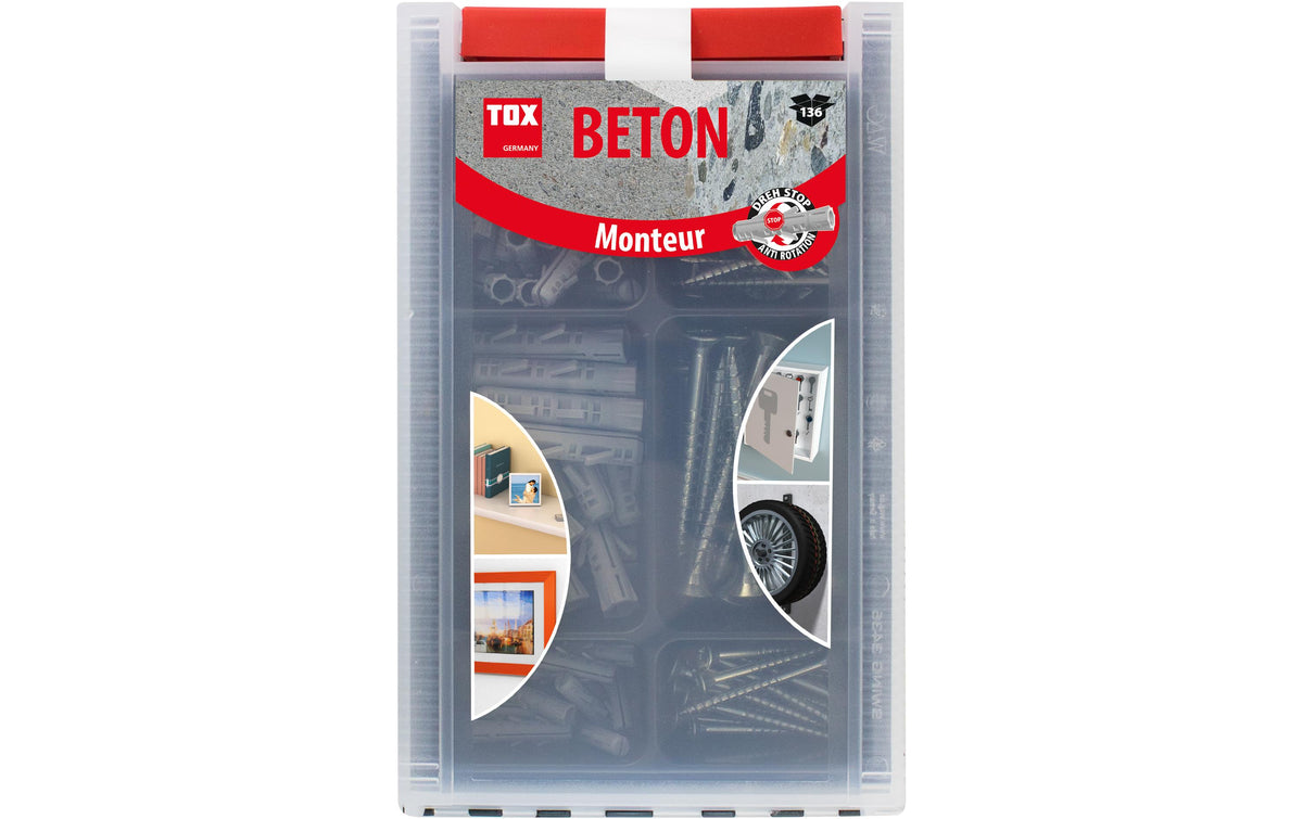 TOX Monteur Beton – Schrauben- & Dübelsatz, Nylon, Grau, 136 Stk., für Beton, Stein
