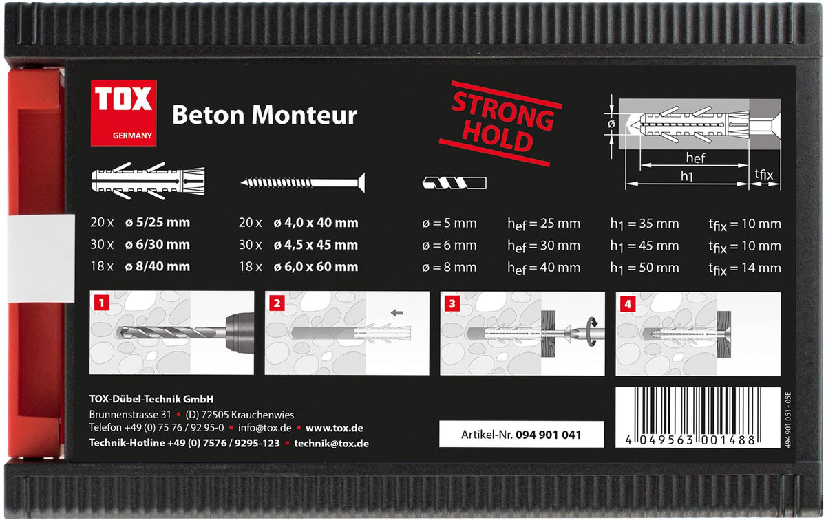 TOX Monteur Beton – Schrauben- & Dübelsatz, Nylon, Grau, 136 Stk., für Beton, Stein