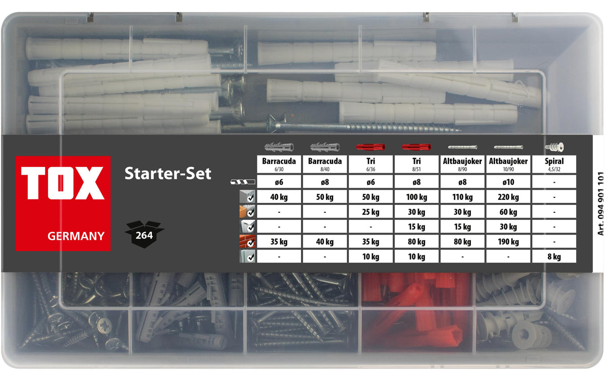 TOX Dübel TOX Starter-Set Dübel – Ø 5 × 25 mm, Rund, 264 Stk., für Beton, Sandstein, Vollziegel (Auszug)