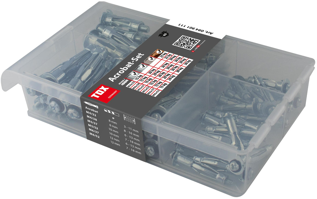 TOX Metall-Hohlraumdübel Acrobat Set – Ø 8 × 32 mm, Metall, 60 Stk., für Gipsfaserplatten, Gipskarton