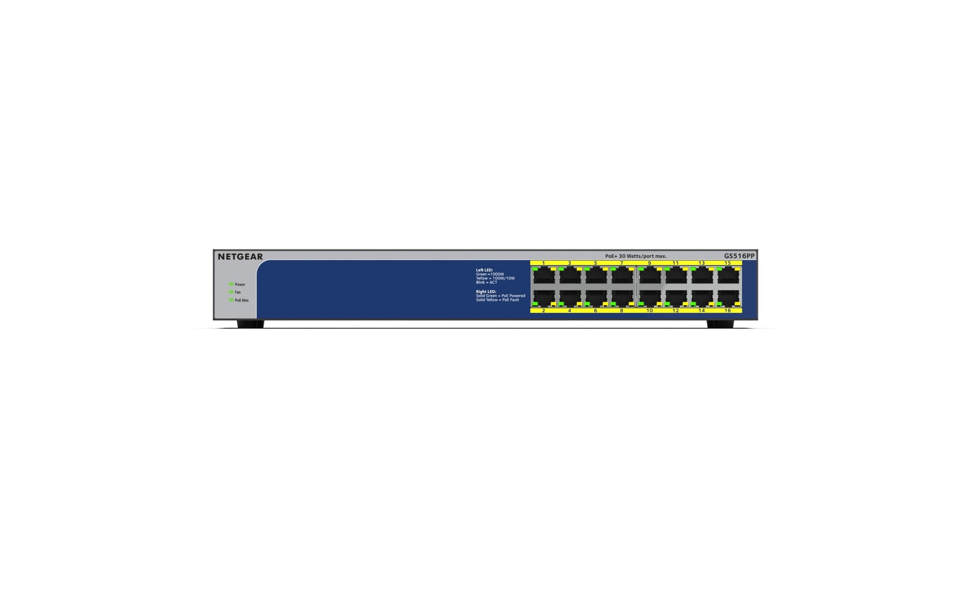 NETGEAR GS516PP – Unmanaged Switch – 16× 1G, PoE+, PoE-Budget 260 W, 19"