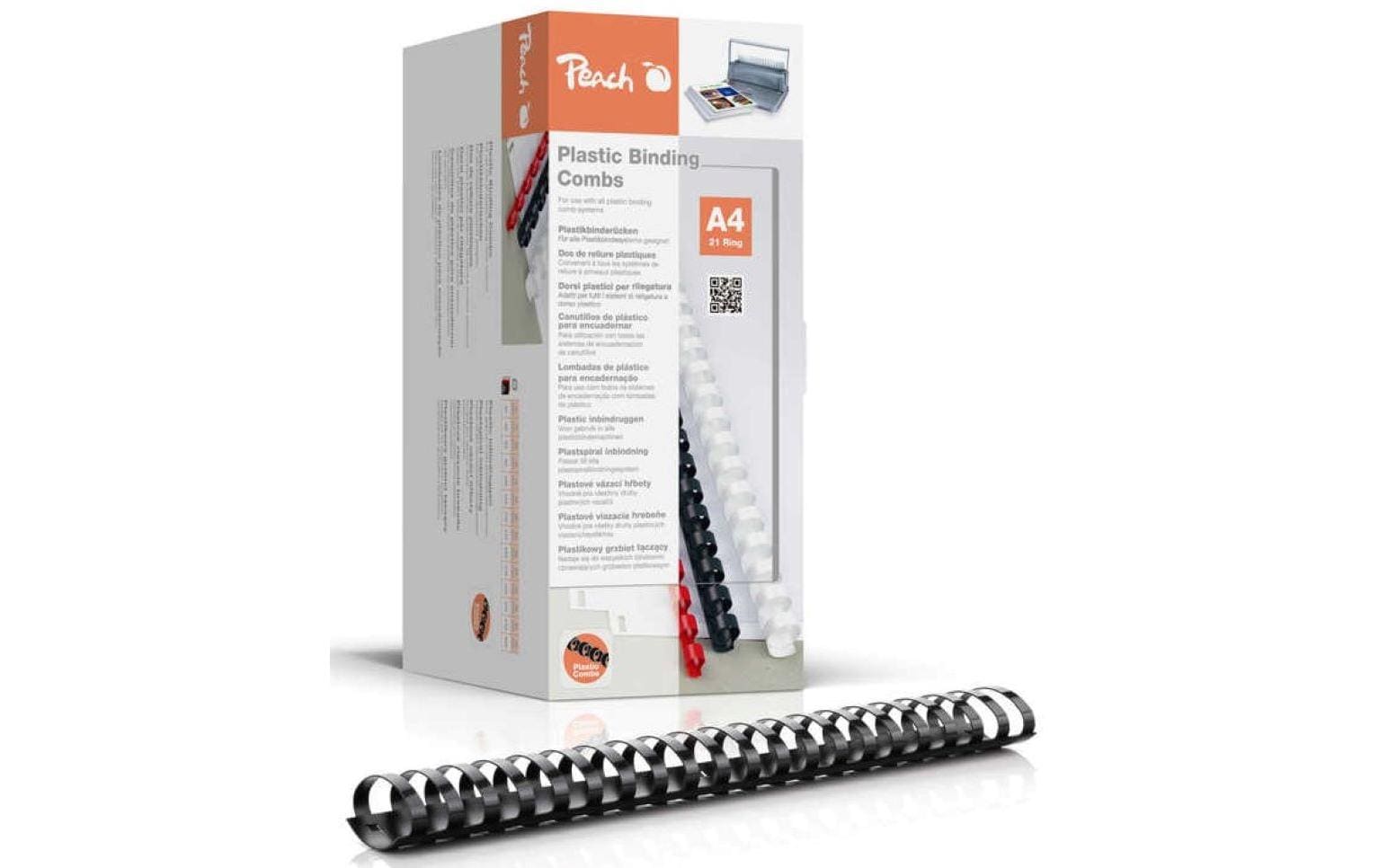 Peach CombBind Plastikbinderücken – A4 – Ø 38 mm – 21 Ringe – bis 375 Blatt, Schwarz – 50 Stk.