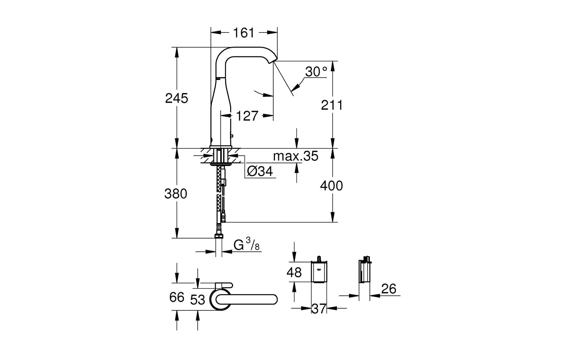 GROHE Badebatterie Essence E – 56×21×8,5 cm, Edelstahl, Chrom, Wandmontiert