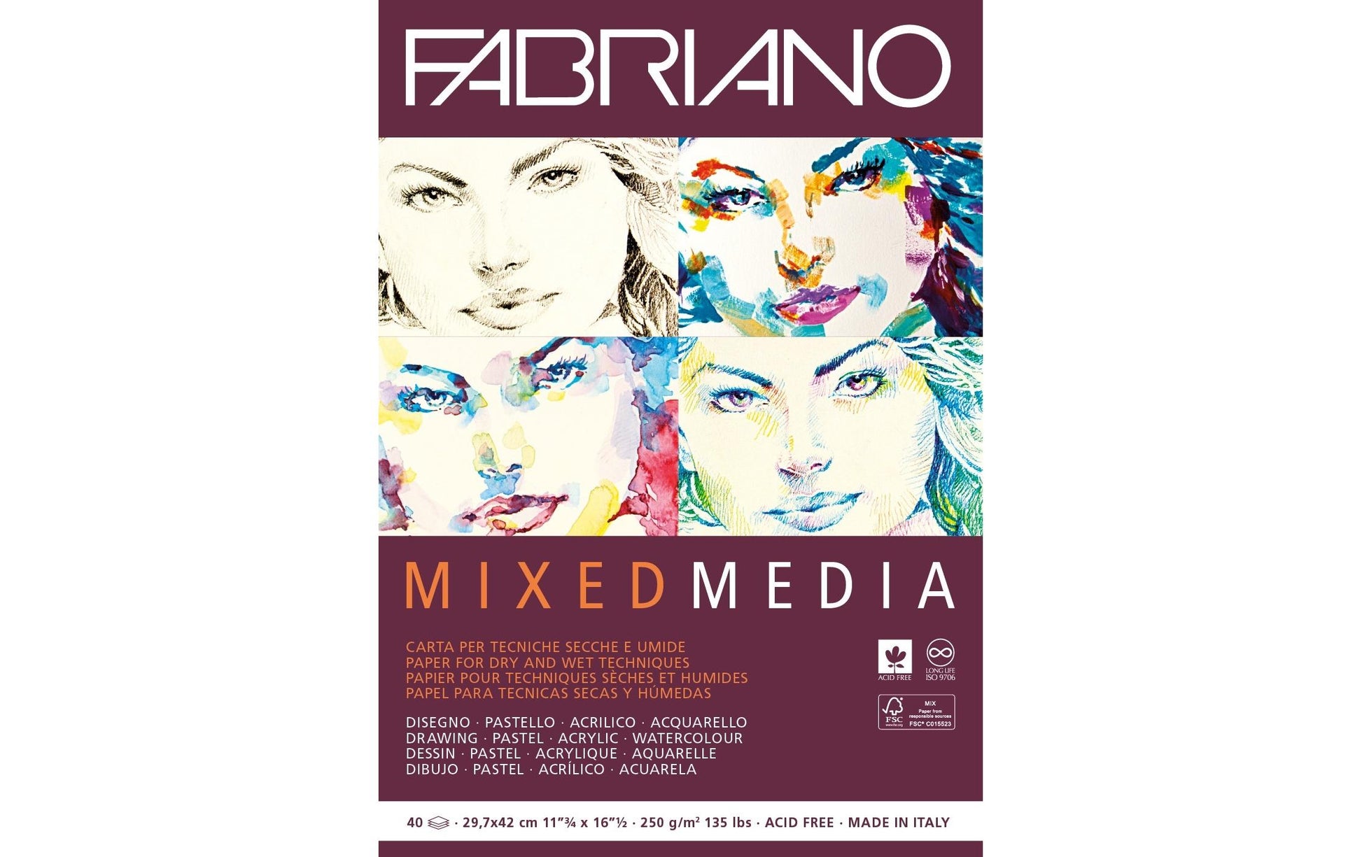 Fabriano Mixed Media Block – A3 – 250 g/m² – 40 Blatt, weiss, strukturiert, FSC