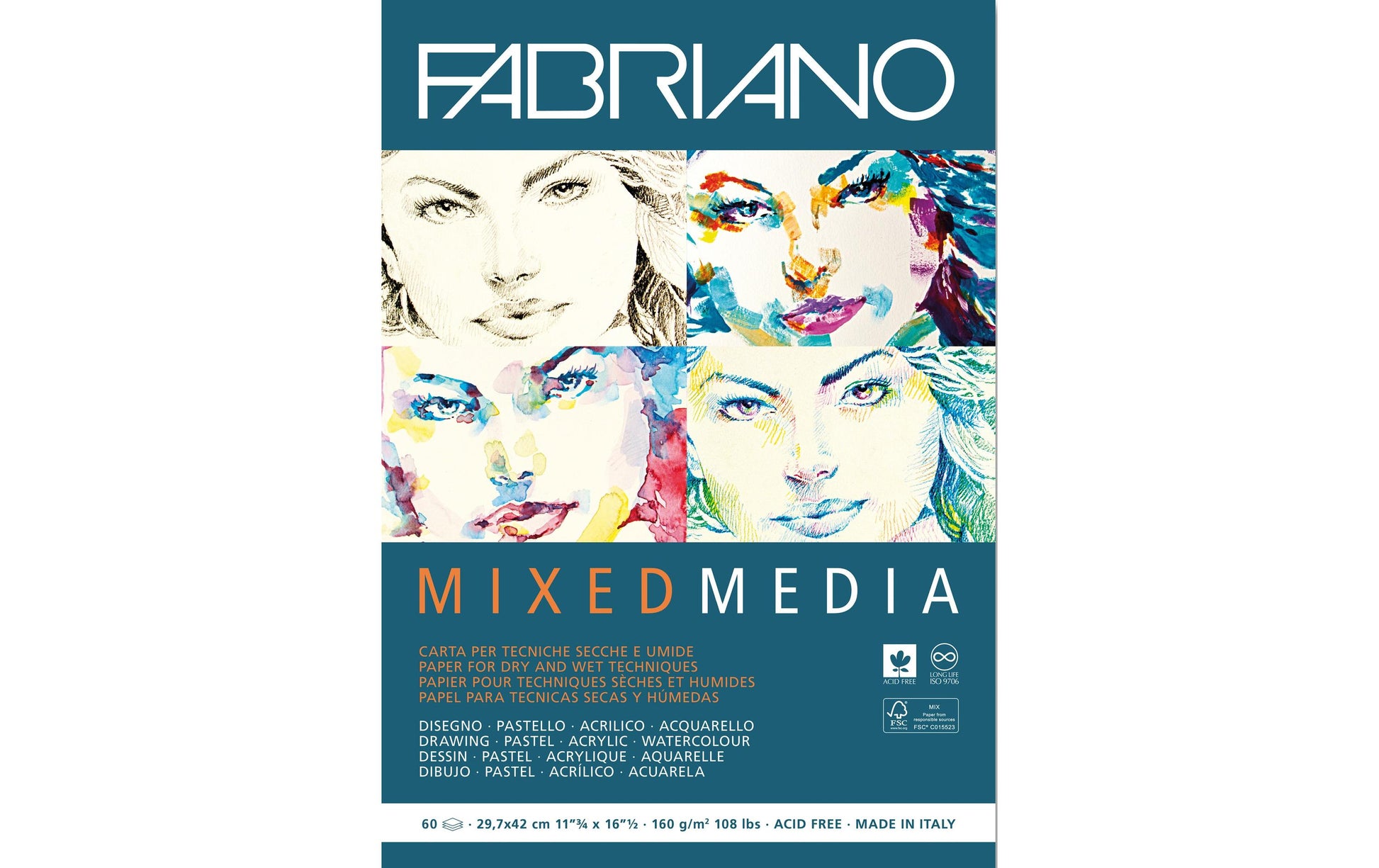 Fabriano Mixed Media Block – A3 – 160 g/m² – 60 Blatt, weiss, natürliche Körnung