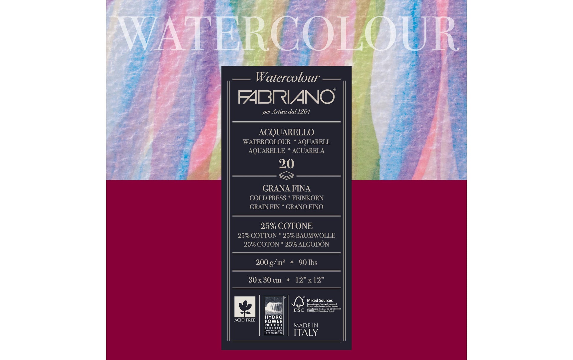 Fabriano Aquarellblock – 30 × 30 cm – 300 g/m² – 20 Blatt, weiss, kaltgepresst, FSC
