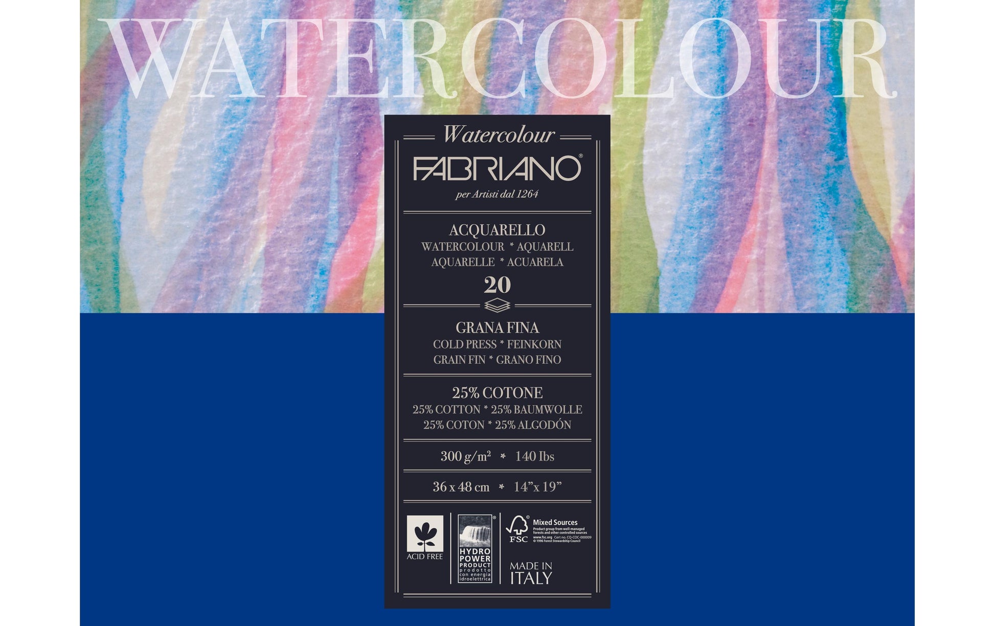 Fabriano Aquarellblock – 36 × 48 cm – 300 g/m² – 20 Blatt, Weiss, Kaltgepresst