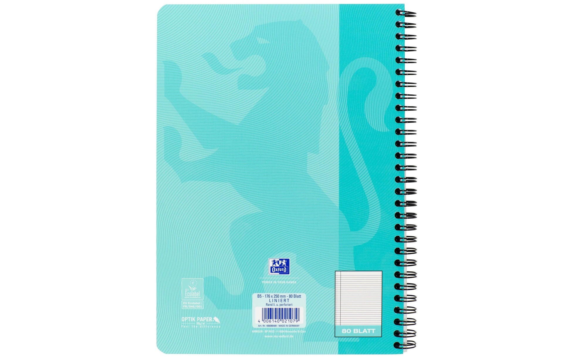 Elba Oxford Collegeblock – B5 – Liniert 5 mm – 80 Seiten – 90 g/m² – Spiralbindung – Aqua – 5 Stück