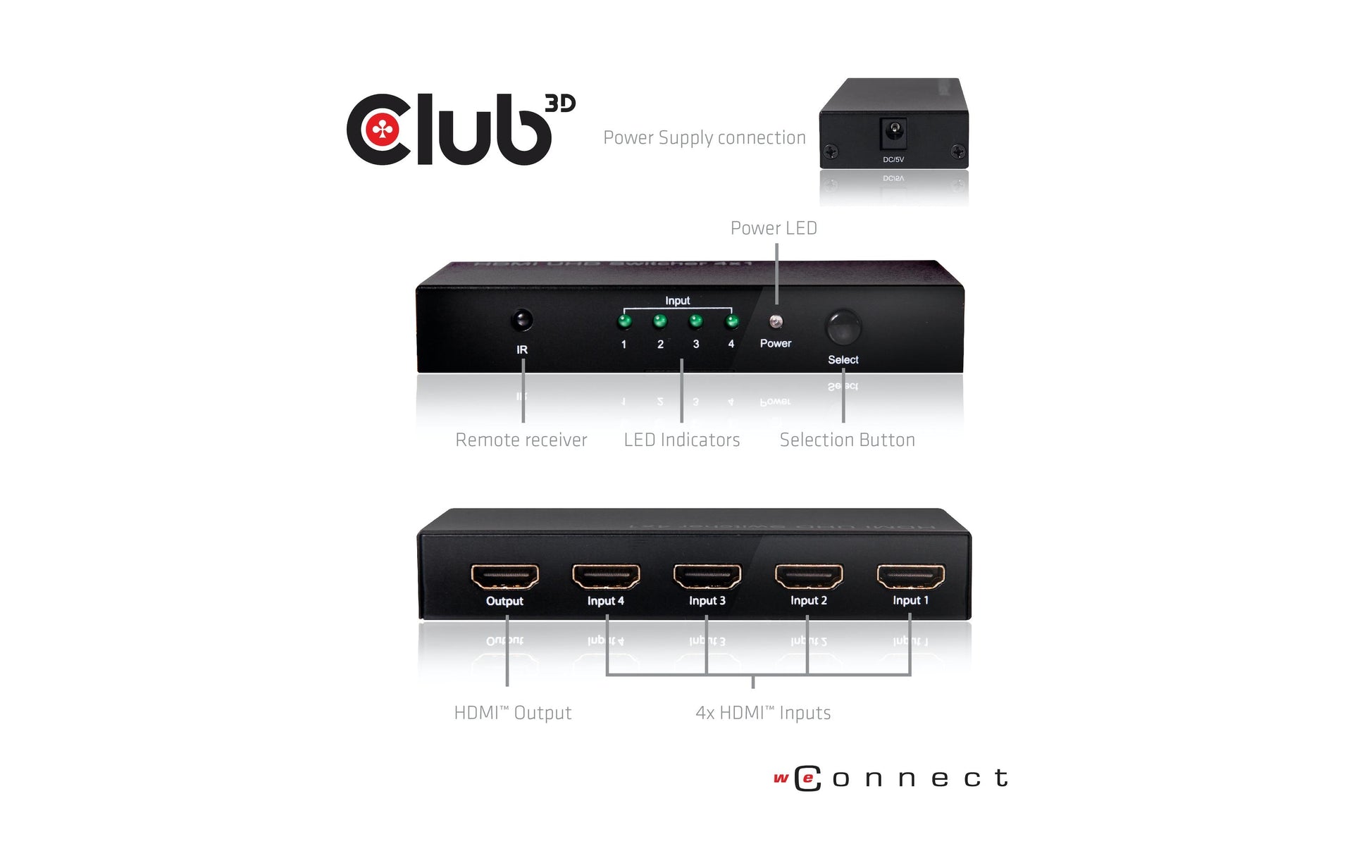 CLUB3D Club 3D – HDMI-Switchbox – 4K UHD, HDMI 2.0a, 4 Eingänge, 1 Ausgang, Fernbedienung – Schwarz, Metall