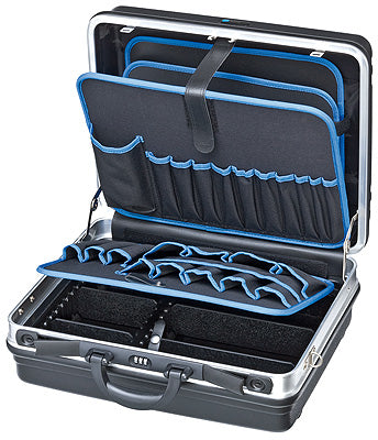 Knipex Werkzeugkoffer – leer, 12 Fächer, mit Tragegriff, mit Zahlencode, schwarz, B 465 × H 200 × T 410 mm