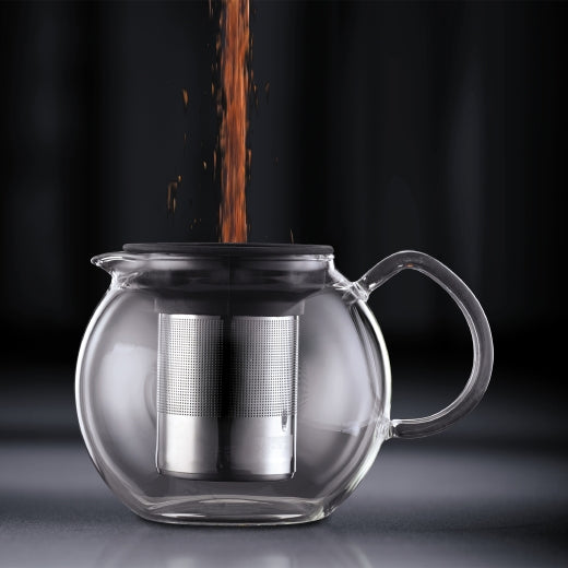 Bodum Assam – Teekanne, 0,5 l, Borosilikatglas, Edelstahl-Teesieb, Schwarz