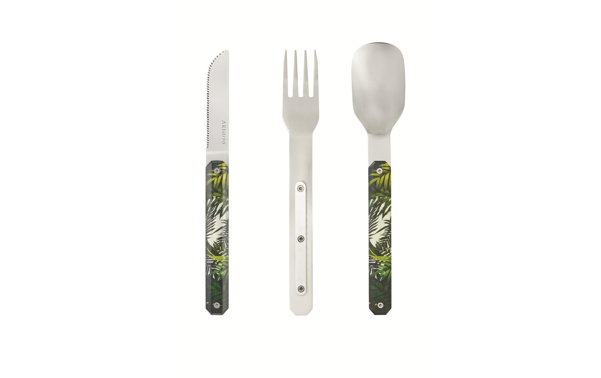Akinod Straight Camping-Besteck-Set – 3-teilig, 18 cm, Edelstahl, Kunststoffgriff, Mehrfarbig