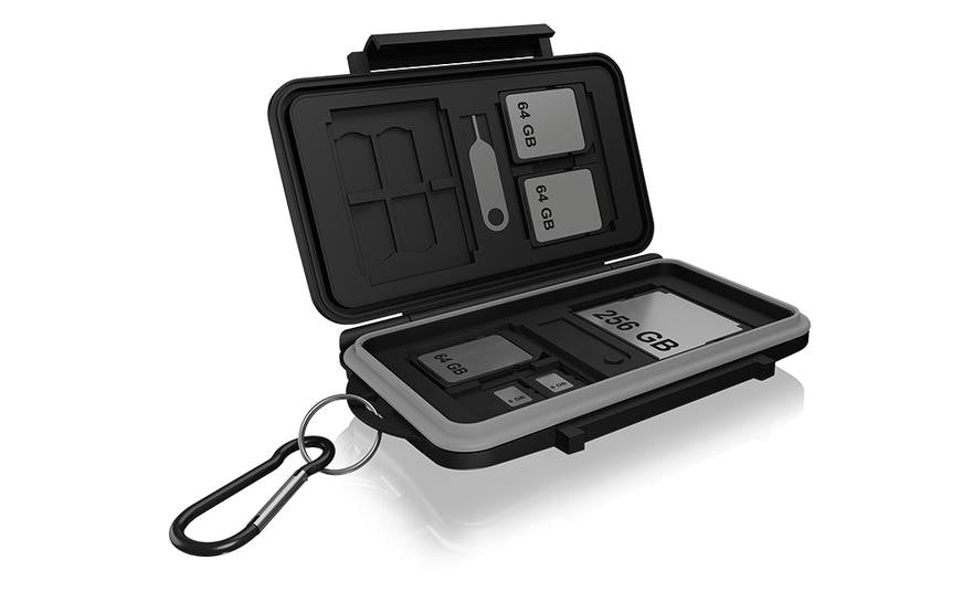 ICY BOX IB-AC620-CR Speicherkartenetui – Polycarbonat/Silikon – für 4× CF, 8× SD, 16× microSD – Schwarz