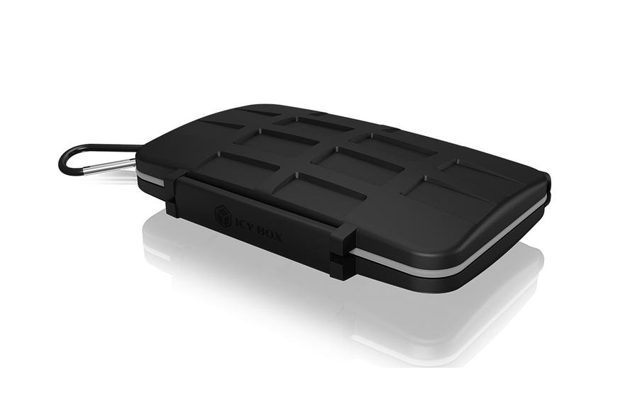 ICY BOX IB-AC620-CR Speicherkartenetui – Polycarbonat/Silikon – für 4× CF, 8× SD, 16× microSD – Schwarz