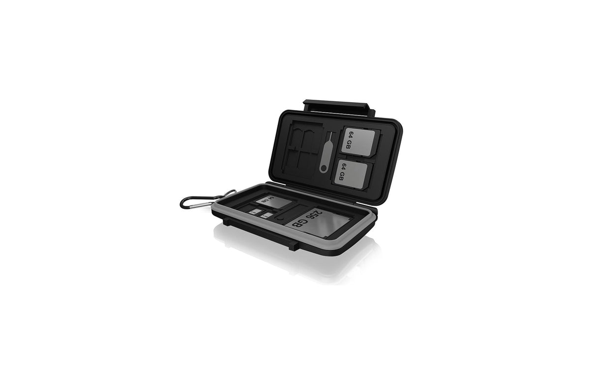 ICY BOX IB-AC620-CR Speicherkartenetui – Polycarbonat/Silikon – für 4× CF, 8× SD, 16× microSD – Schwarz